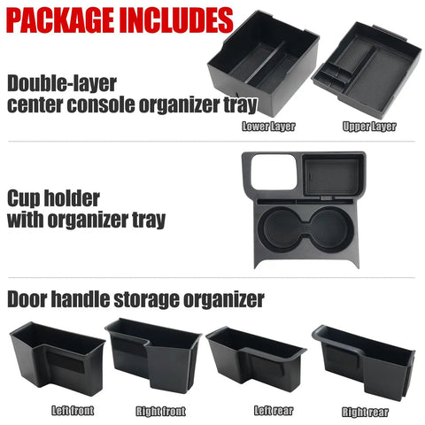 Ford Maverick Center Console Organizer Kit With Dual Cup Holders And Door Handle Storage, 7-Piece Set components displayed.