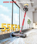 Cordless vacuum cleaner, front view, red wand, transparent dust canister, 650W 55KPa suction