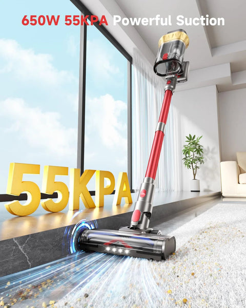 Cordless vacuum cleaner, front view, red wand, transparent dust canister, 650W 55KPa suction
