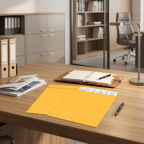 25 Pack Manila Self Seal Envelopes 9x12 Catalog Mailers With Kraft Finish on office desk with lamp and files