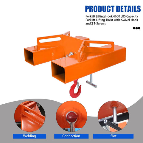 3 Ton Workhorse Forklift Mobile Crane Attachment With Truss Jib Boom Hoist Dual Hooks, orange steel, side view with close-up details.