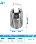 Close-up of six-piece PATIKIL 303 stainless self-tapping threaded inserts; inner M14x2mm, outer M18x1.5mm, 24mm long.