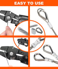Heavy Duty Wire Rope Crimping Tool Kit For 3/64, 1/16 And 5/64 Inch Aluminum Loop Sleeves with thimbles and wire rope close-up