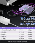 Badass 4 Bay NVMe RAID Enclosure With Turbo Cooling Fan Lightning Fast Thunderbolt 4 And 3 Support For All Your Drives Up To 32TB, shown connected to a laptop.