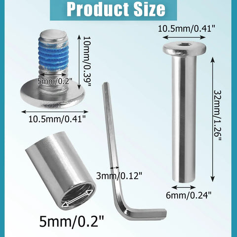 Five Sets Of 32mm Inline Skate Wheel Screws With Installation Tool, Heavy Duty Metal Socket Screws shown with measurements