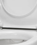 Slick Starck 3 White Toilet Seat with Smooth As Butter Soft Close Hinges, stainless steel mounting hardware detail.