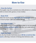 Instructions overlay on BMW showing steps to use Alpine White 300 BMW Touch Up Paint Kit 2 In 1 Car Scratch Repair Solution No Mix Formula.