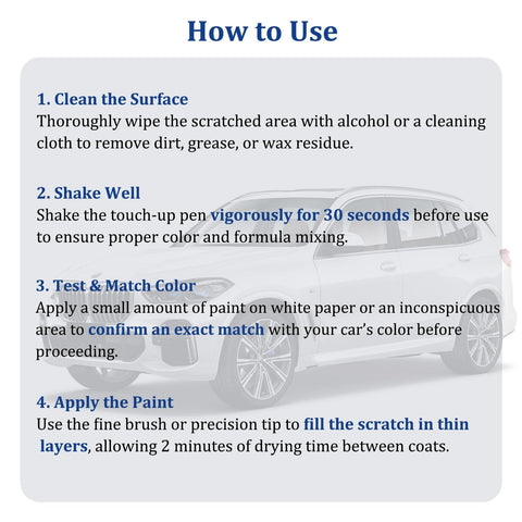 Instructions for using Lexus Ultra White 083 Car Touch-Up Paint 2-In-1 Scratch Repair Kit No Mix Formula Quick Fix For Minor Scratches And Exact Color Match For CT ES GS IS LC LS NX RC RX UX, showing four steps and a car illustration.