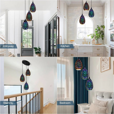Colorful Glass 3 Pack Pendant Lights For Kitchen Island And Dining Room Modern Farmhouse Style 3D Hammered Glass, various settings