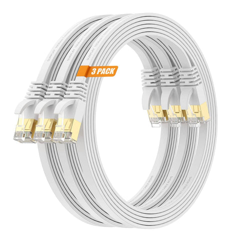 Cat7 10ft Flat Ethernet Cable Shielded With Ground Wire And Gold Plated RJ45 For Router TV Xbox PS5 PS4 NAS Ultra Slim White Patch Cord