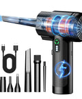 Electric Air Duster With Led Light Cordless Rechargeable 130000 RPM Blower with accessories for keyboard cleaning and car detailing.