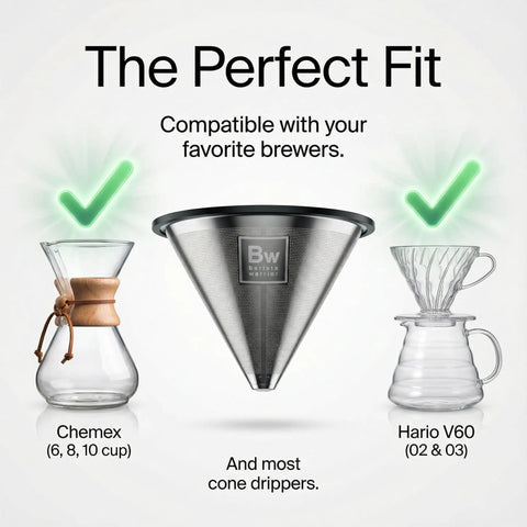 Reusable Stainless Steel Pour Over Coffee Filter For Chemex, Hario V60 And Drippers, Fine Mesh No Plastic Brew