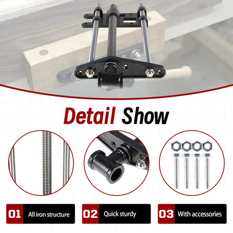 Tough As Nails Ten Inch Woodworking Front Vise Cast Iron Heavy Duty Workbench Mount showing all iron structure and accessories.