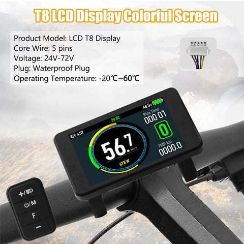 Universal Electric Bike LCD Display With Waterproof 5 Pin Connector, showing speedometer and controls on handlebar