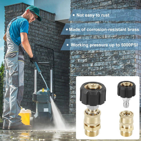 Two-piece stainless steel M22 to 1/4 inch pressure washer quick-connect adapters with black knobs