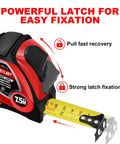 Industrial Magnetic Tape Measure With Fractions 1/8 And Metric, Auto Lock, True Zero Hook, Pro Grade, showing strong latch fixation.