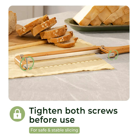 Adjustable Bread Knife With Precision Thickness Guide for homemade and sourdough loaves, slicing bread on counter close-up