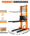 Heavy Duty Electric Pallet Stacker With 1500 Lbs Load Capacity And 65 Inch Lift Height For Warehouse And Factory Use, showing product dimensions and height adjustments.