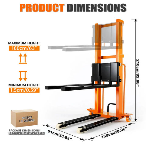 Heavy Duty Electric Pallet Stacker With 1500 Lbs Load Capacity And 65 Inch Lift Height For Warehouse And Factory Use, showing product dimensions and height adjustments.