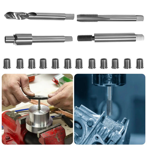 M8x1.25 Thread Repair Kit with 12 stainless steel inserts, showing tools and application in auto parts for repairing threads.