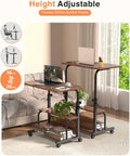 Portable Rolling Desk On Wheels With Adjustable Height, 32 Inch Computer Desk With Three Layer Storage Shelves, Rustic Home Office Table For Small Spaces, Dope Gaming And Study Setup in living room.