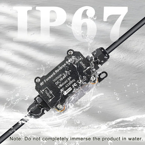 Tough As Nails Wireless Remote Switch For Forward And Reverse Dc Motor Control IP67 Waterproof At Eight Amps with water splashing.