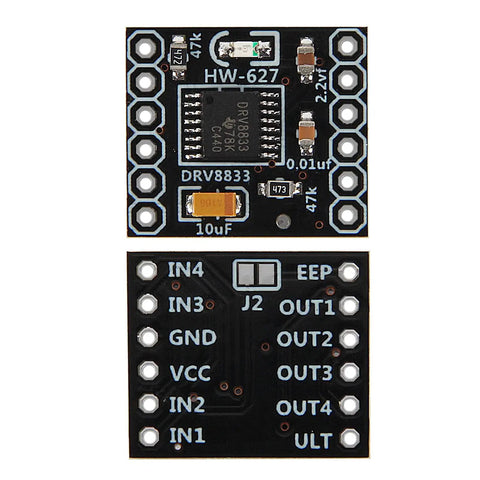 DRV8833 DC Motor Driver Controller Board Six Pack With Dual H Bridge 1.5A Output For DIY Arduino Robots And Breadboard Jumper Wires Kit Multicolored Dupont Cables, black PCB front and pin labels