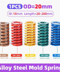 Solid Alloy Steel Compression Spring For Heavy Duty Mold Loading And Industrial Pressing Needs With 20mm Outer Diameter And 70mm Length displayed in various colors.