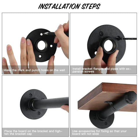 12 Inch Industrial Pipe Shelf Brackets Set Of 8 In Black Iron Rustic Finish Installation Steps for Wall Mounted DIY Shelving