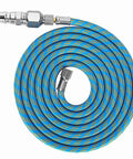 Flexible Nylon Braided Airbrush Air Hose Kit 6 Feet Long With Kink Resistant Build And 1/8 To 1/4 Inch Quick Connects, coiled with connections.