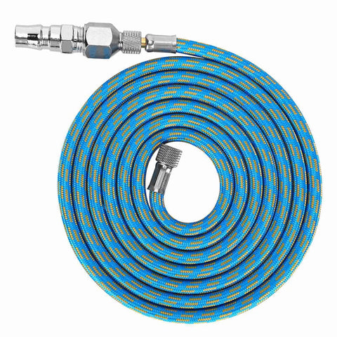 Flexible Nylon Braided Airbrush Air Hose Kit 6 Feet Long With Kink Resistant Build And 1/8 To 1/4 Inch Quick Connects, coiled with connections.