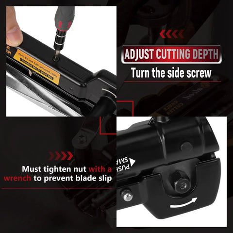 Heavy Duty Xmc Armored Cable Cutter Snips Up To 3/8 Inch Bx Ac Mc Wire With Fully Adjustable Blade For Greenfield Conduit showing adjustable cutting depth feature.