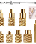 Assorted brass inserts and soldering tip from the Pro Grade Heat Set Thread Insert Tool Kit for M2-M8 with TS100 TS101 adapter