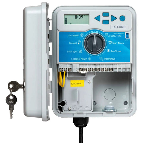 Front view of XC400 4 Zone Outdoor Sprinkler Controller With Weather Resistant Irrigation Timer showing control panel and keys.