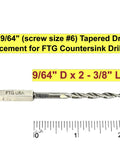 Five Piece Parabolic Flute Drill Bit Set for Wood in Nine Sixty Four Inch Size, Includes Number Six Tapered Countersink Bits