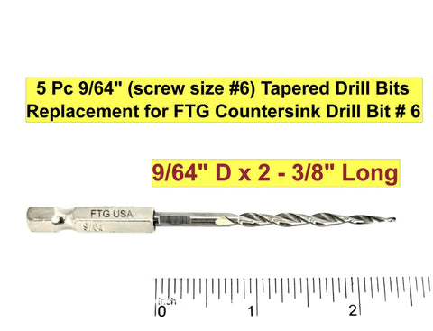 Five Piece Parabolic Flute Drill Bit Set for Wood in Nine Sixty Four Inch Size, Includes Number Six Tapered Countersink Bits