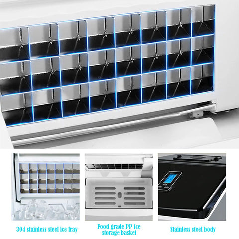 Quick Chill Countertop Nugget Ice Maker Portable Machine showcasing 304 stainless steel ice tray and food grade PP storage basket.