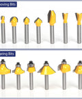 Router Bit Set Twenty Five Pieces One Quarter Inch European Edition Kit All Purpose Traditional Woodworking Tools In Aluminum Case Pro Grade Carbide Bits For Sharp Edges And Smooth Finishes, grooving and edgeing bits displayed, showing yellow-tipped carbide bits