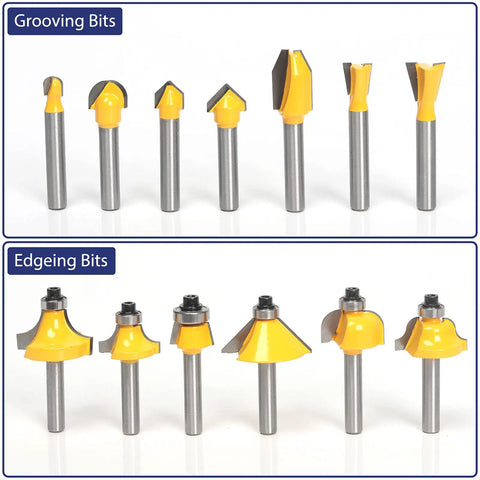 Router Bit Set Twenty Five Pieces One Quarter Inch European Edition Kit All Purpose Traditional Woodworking Tools In Aluminum Case Pro Grade Carbide Bits For Sharp Edges And Smooth Finishes, grooving and edgeing bits displayed, showing yellow-tipped carbide bits