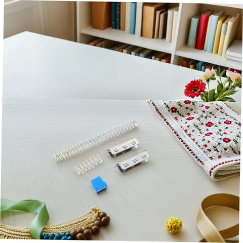 Fabric Cutting Fixture Flat Spring Holder Five Piece Pro Grade Set displayed on sewing table