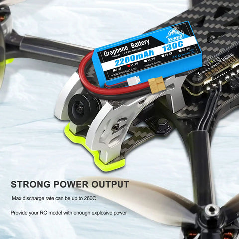 Two Pack 3S 2200mAh 11.1V 130C Graphene LiPo Battery With XT60 Plug for RC drone on carbon fiber frame.