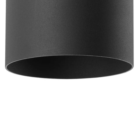 Close-up of black aluminum Super Cool And Sleek Modern Six Inch Cylinder Outdoor Ceiling Light One Light Flush Mount Perfect For Interior Or Exterior Porch And Home In Black Aluminum With Minimalist Sophisticated Style.