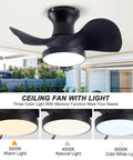 22" Modern Small Ceiling Fan with Light, Matte Black Reversible Energy Saving Silent DC Ceiling Fan Remote Controlled, 3 CCT Memory LED Flush Mount Fan for Small Spaces Kitchen Bedroom Toilet Patio. Ceiling fan displays 3000K, 4500K, and 6000K light options.