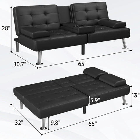 Futon Sofa Bed Convertible Lounge With Adjustable Back Three Positions 120 160 180 Degrees Removable Armrests Two Cup Holders PU Leather Black Cozy Living Room Sleep Solution shown folded and unfolded.