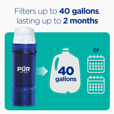 PUR Plus blue water filter cartridge for pitchers and dispensers; front view.