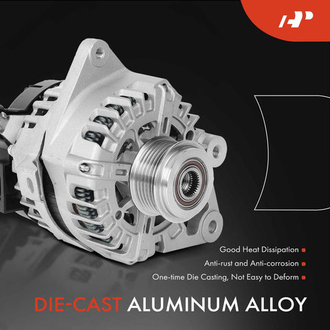 Ride Ready 12V 150A Alternator Replacement For Hyundai Elantra 2017 2020 Kona 2018 2021 Seltos 2021 Soul 2020 2021 2.0L L4 With 6 Groove Clutch Pulley Compatible 2627727 373002E821 die-cast aluminum alternator close-up