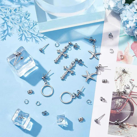 300 Piece Ball Post Earring Stud Kit With Butterfly Backs And Open Jump Rings For DIY Jewelry Making In Non Tarnish Stainless Steel 304 Pro Quality Ball Stud Findings, silver parts