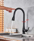 OGMOYT Matte Black Sensor Kitchen Faucet Sensitive Smart Touch Single Handle Mixer Tap in use with 360° rotating spout.