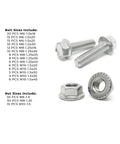 All In One Stainless Steel Hex Flange Screws Bolts Nuts Kit With 232 Pieces M6 M8 M10 Coarse Thread A2-70 Grade displayed with sizes