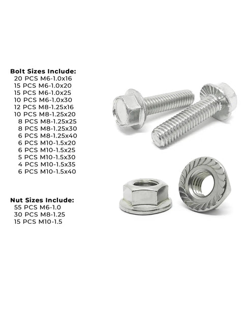 All In One Stainless Steel Hex Flange Screws Bolts Nuts Kit With 232 Pieces M6 M8 M10 Coarse Thread A2-70 Grade displayed with sizes
